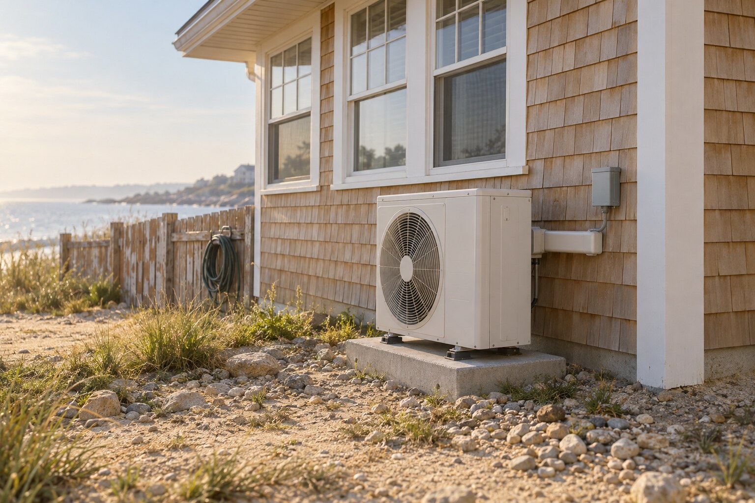 Compact outdoor condenser beside a shingled cottage on a summer morning