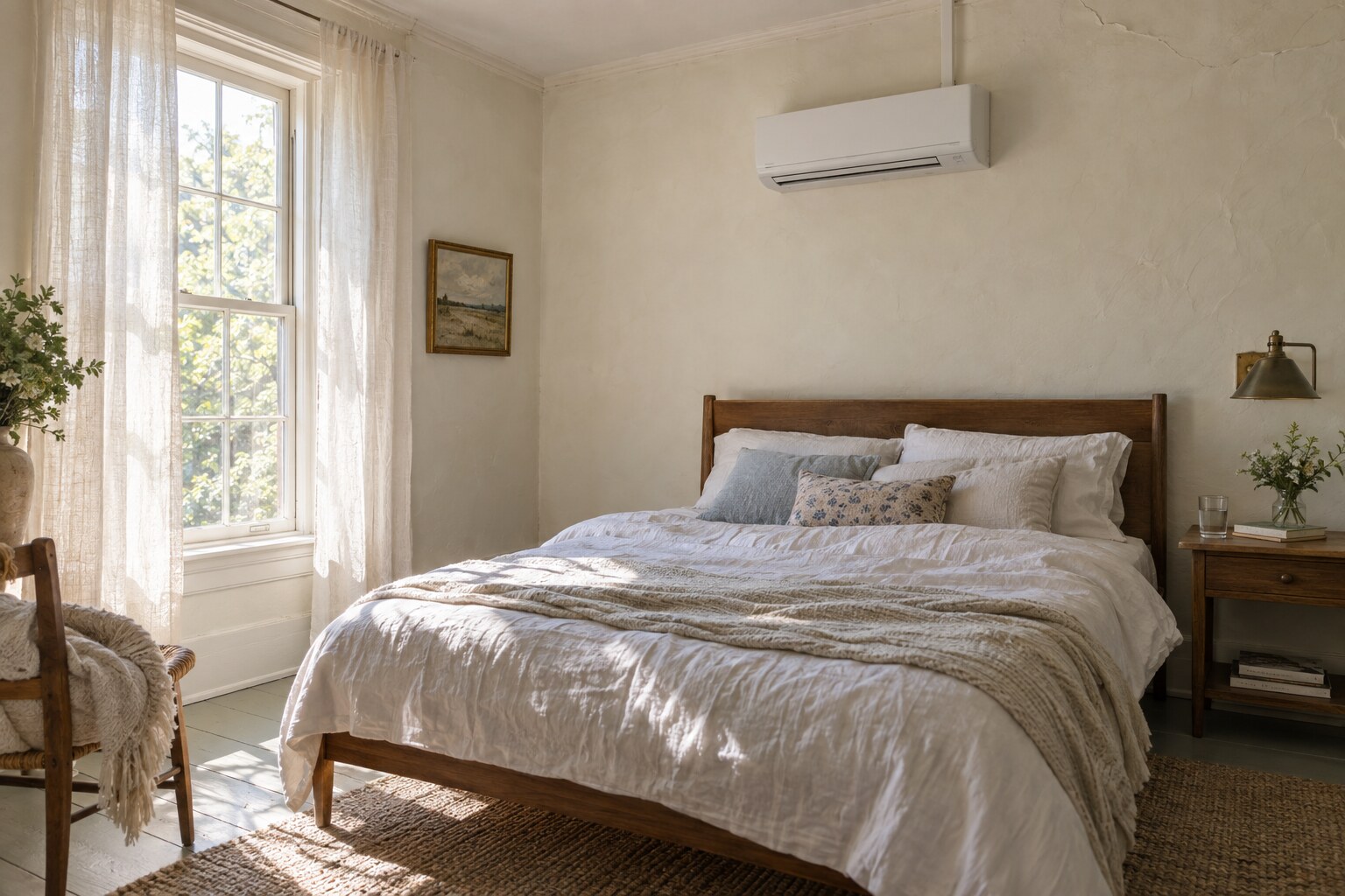 Wall-mounted mini-split above a bed in a bright summer bedroom