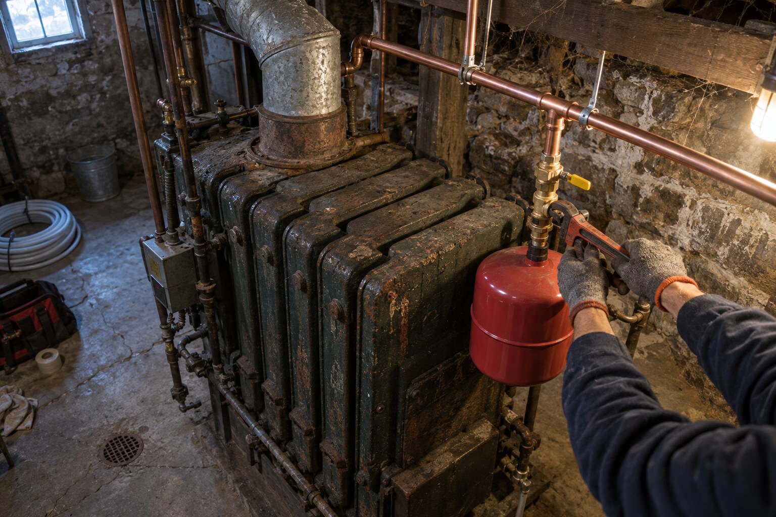 Cast iron boiler with new copper piping and an expansion tank