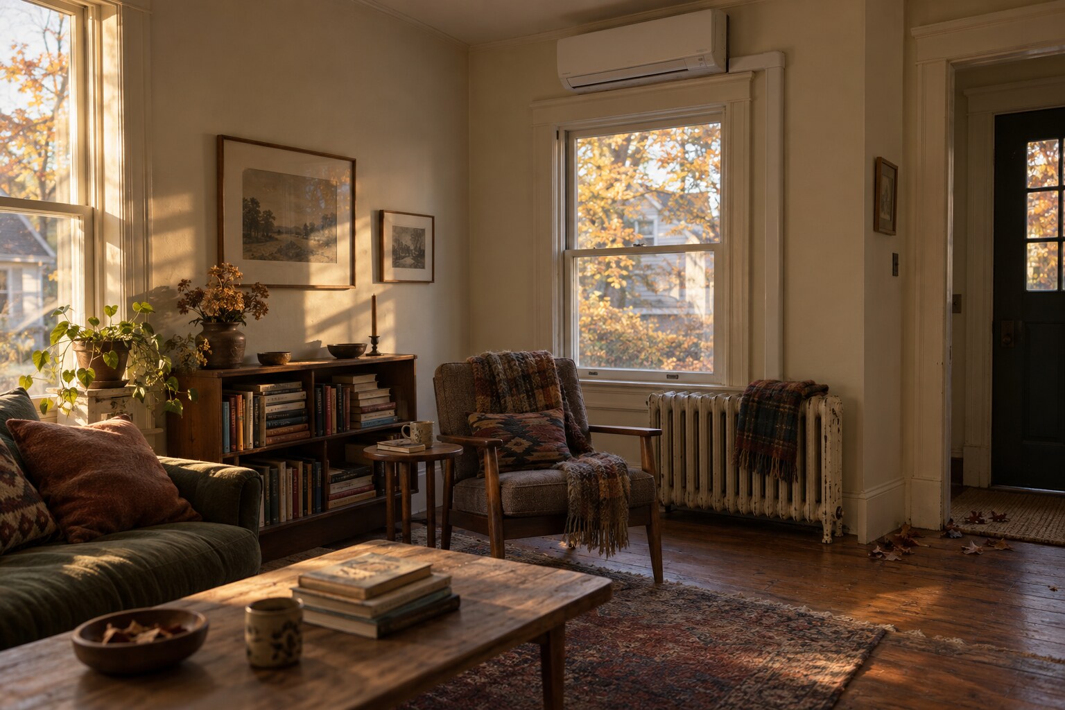 Mini-split heat pump mounted above a window in an autumn living room