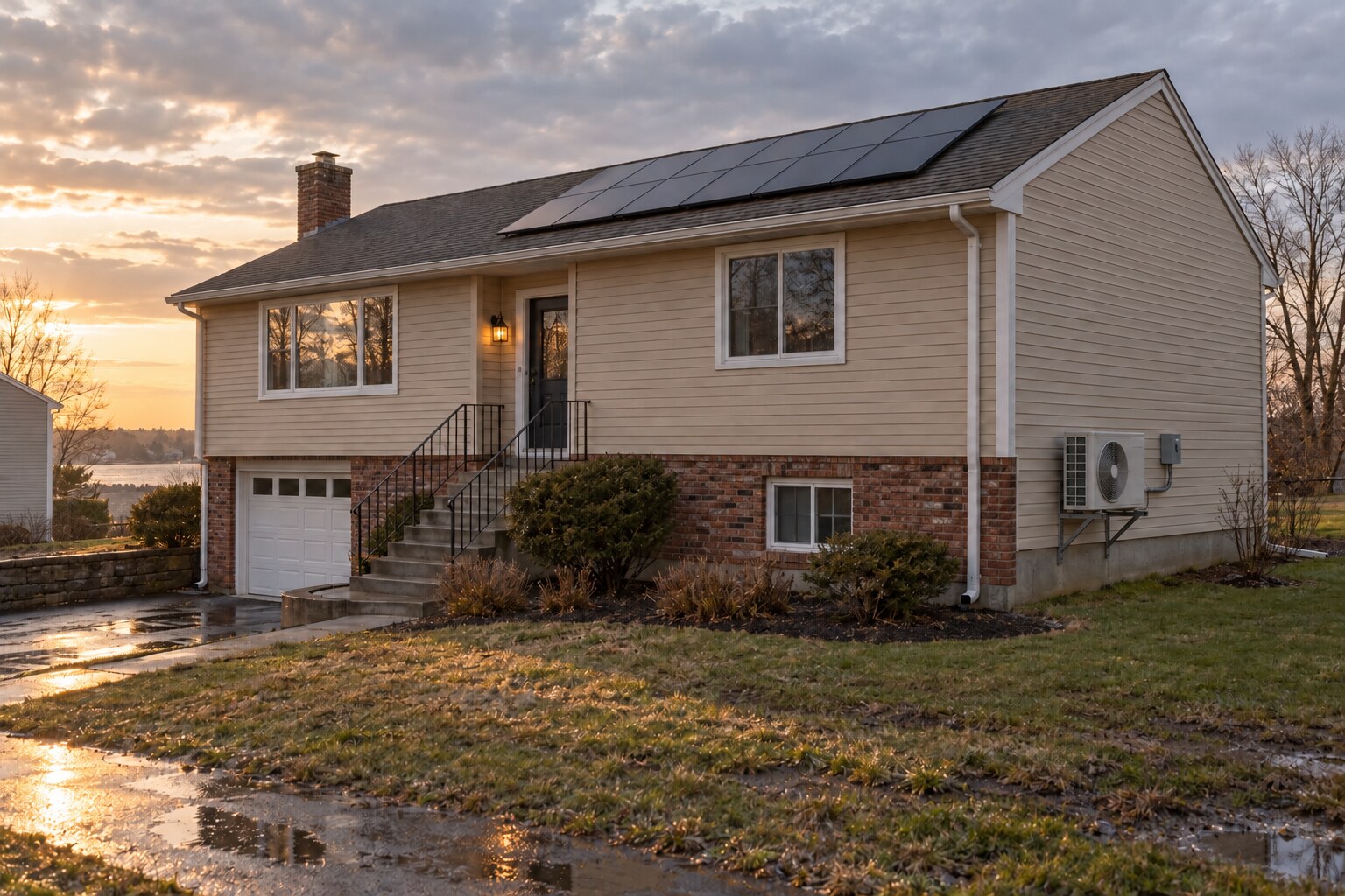Ranch home with a rooftop solar array and a wall-mounted heat pump outdoor unit