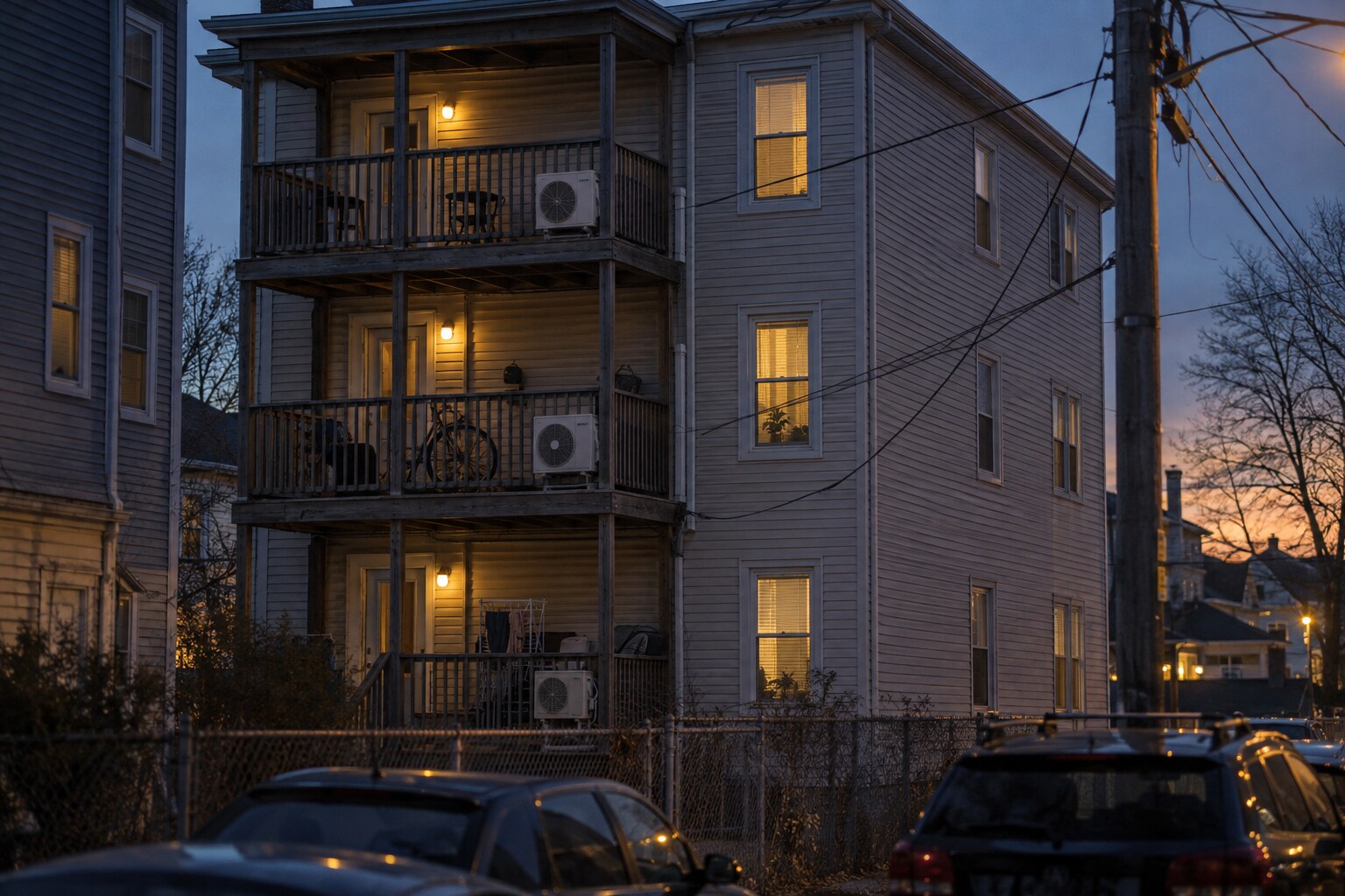 Triple-decker home at dusk with heat pump outdoor units on the rear porches