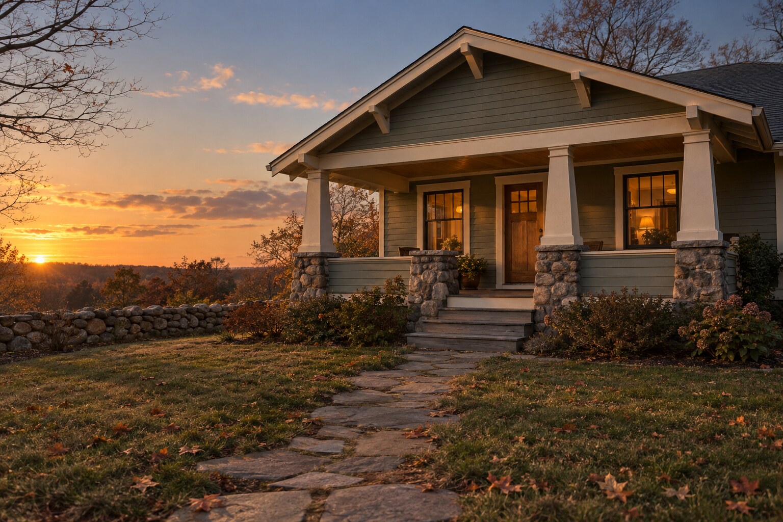 Craftsman home with a lit front porch at sunset on an autumn evening in Rhode Island