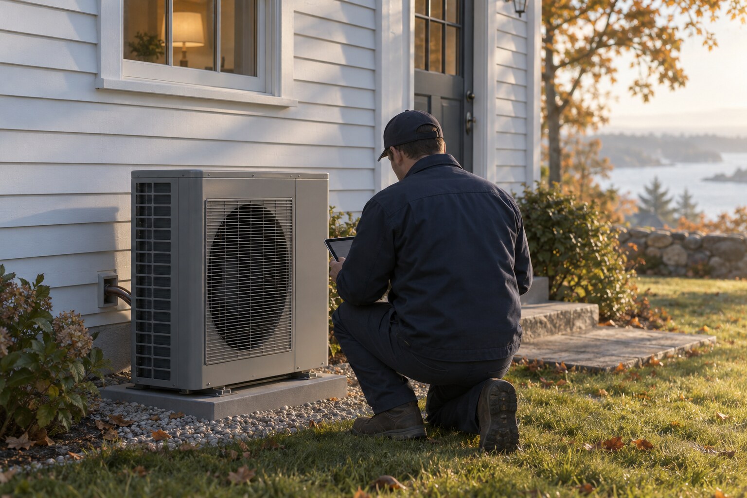 Technician in a navy jacket servicing a heat pump beside a Rhode Island home
