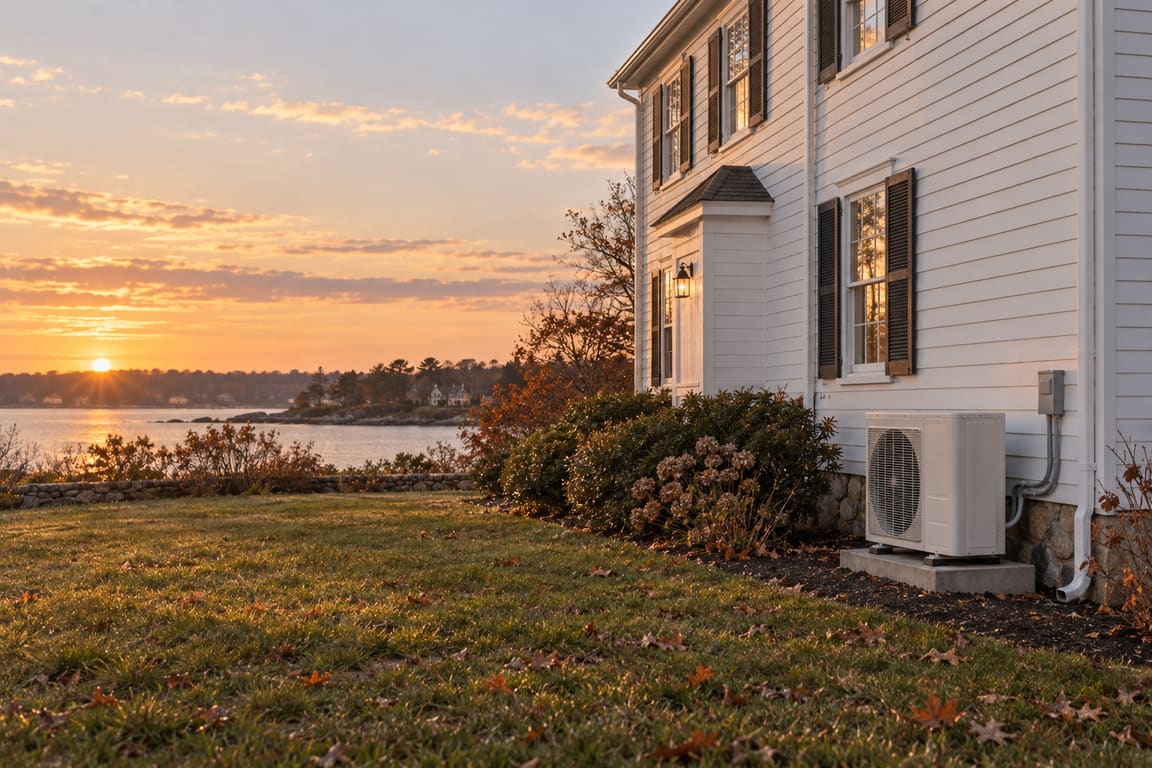 White colonial house at sunset with a heat pump outdoor unit on a pad at the side
