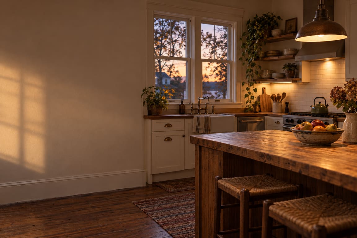 Farmhouse kitchen in warm evening light with a wood island and a window at dusk