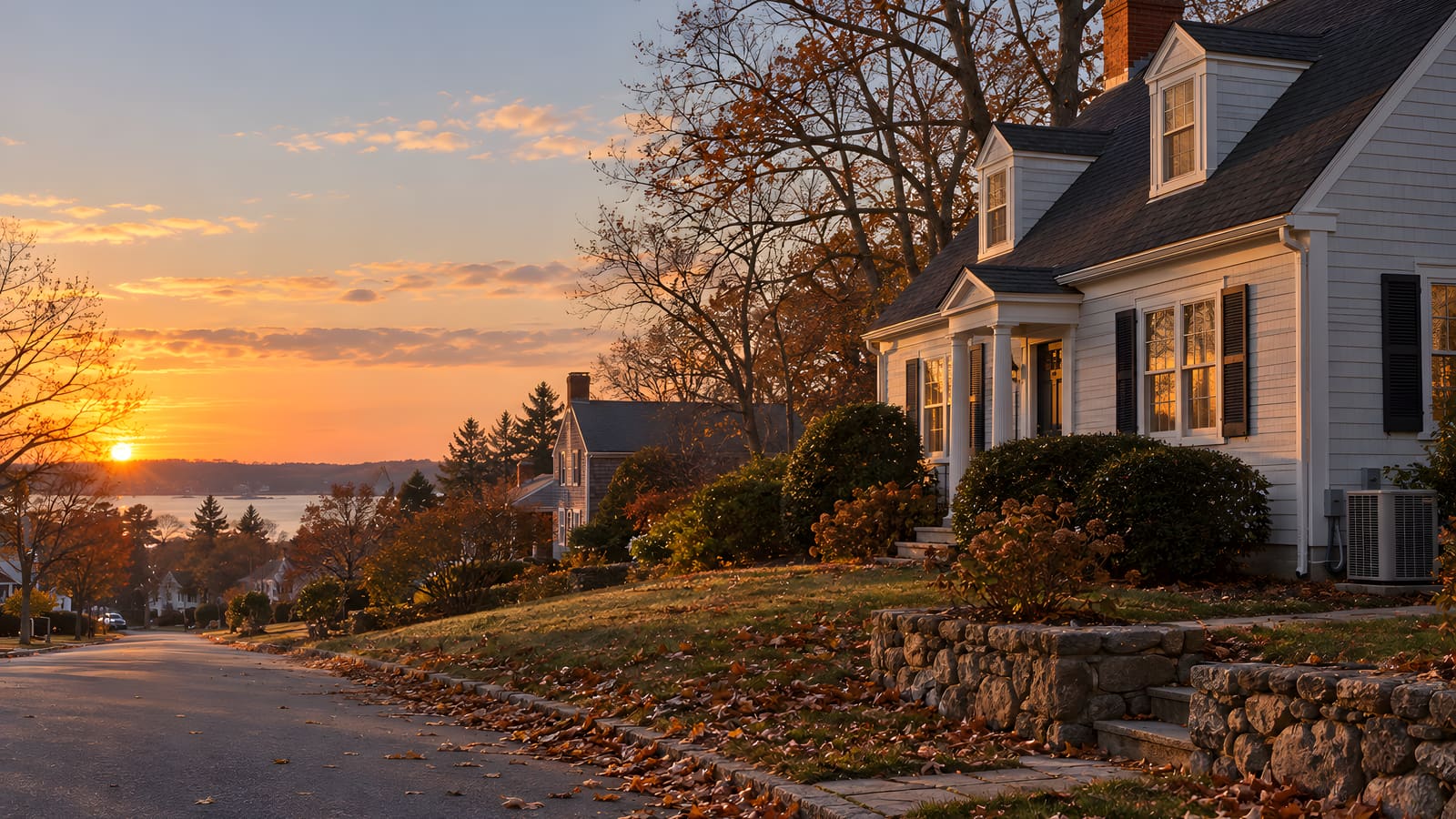 Cape house on a quiet street at sunset in late fall