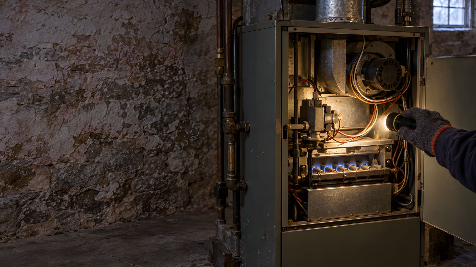 Gloved hand shining a flashlight into an open furnace with the burners lit in an old stone basement