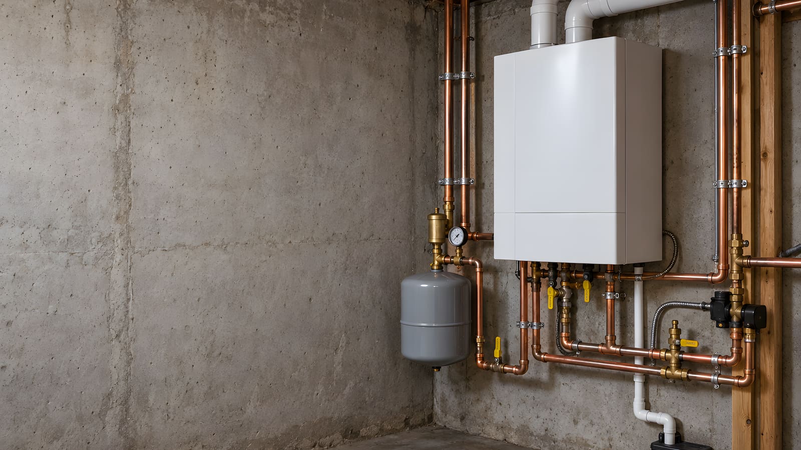 Wall-hung boiler with copper piping and an expansion tank in a basement