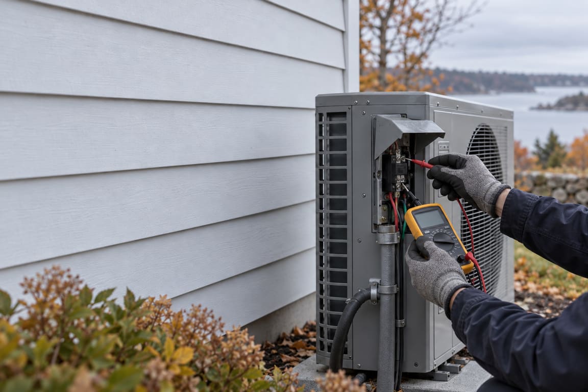 Gloved hands testing a heat pump outdoor unit's wiring with a multimeter
