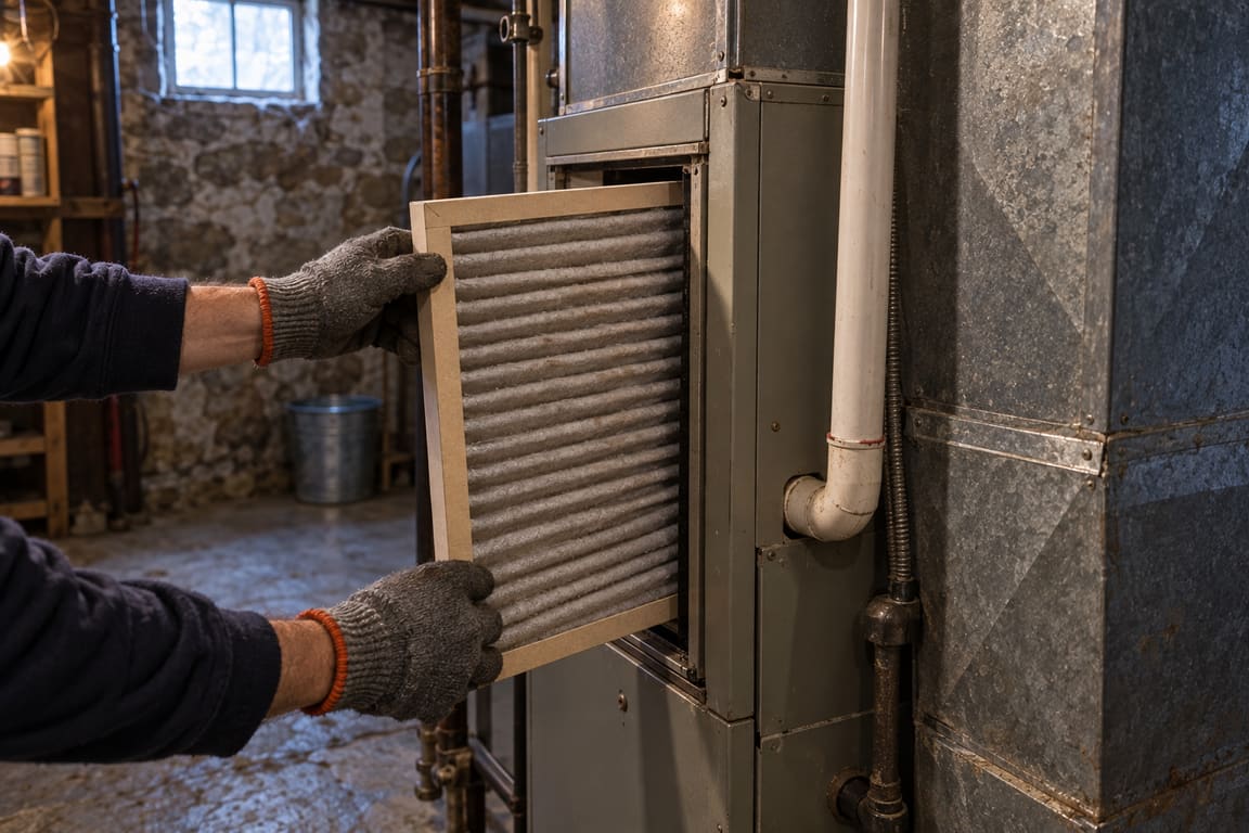 Gloved hands sliding a filter out of a furnace