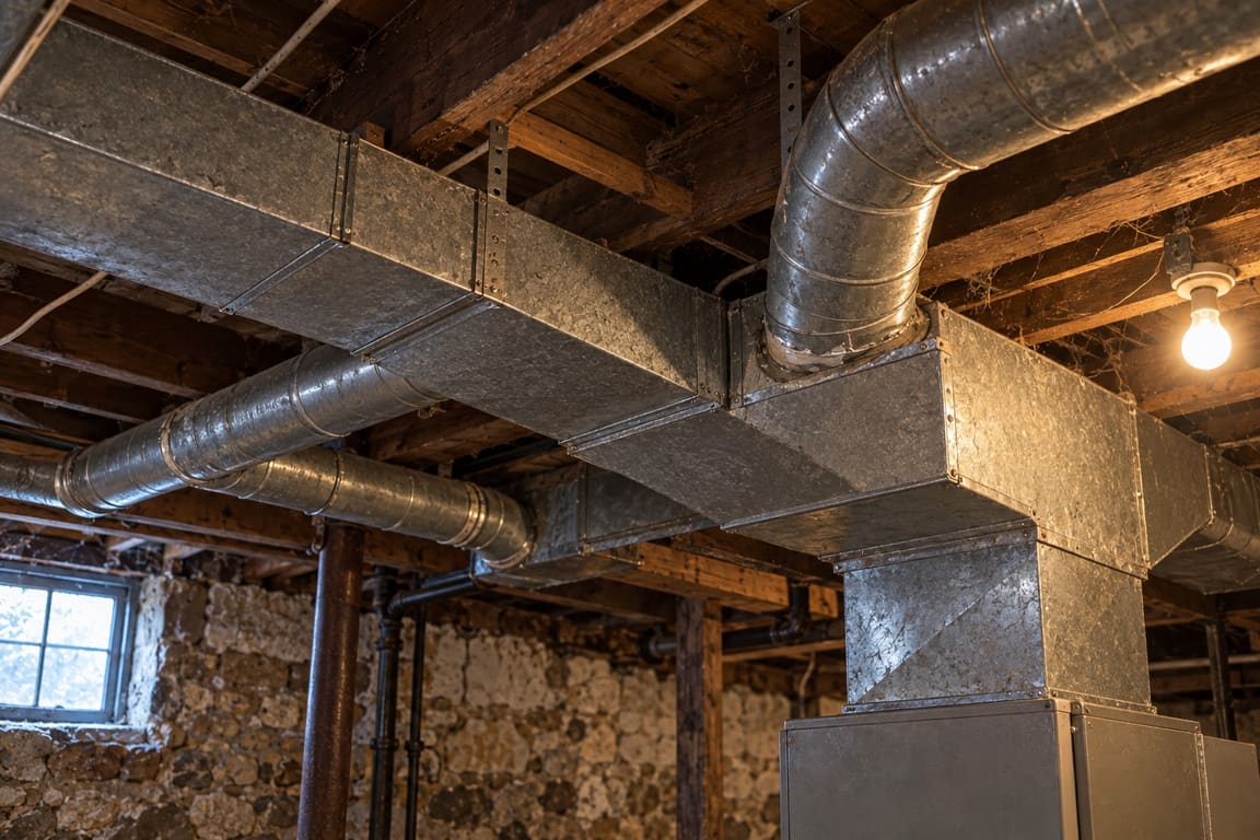 Galvanized ductwork running across an old basement ceiling above a furnace