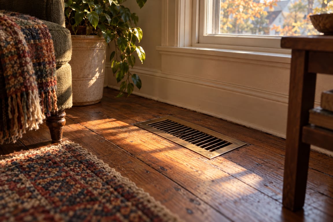 Floor supply register on a hardwood floor in afternoon sun