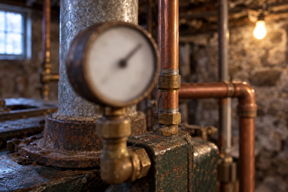 Close-up of a pressure gauge on an old cast-iron boiler