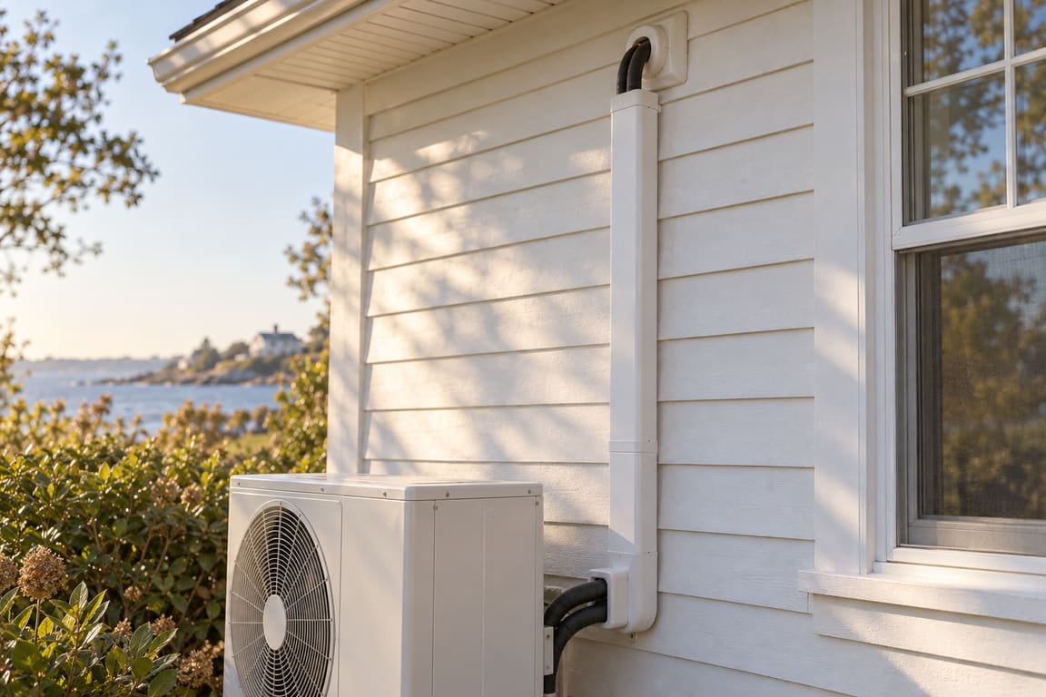 White covered line set running up clapboard siding to an outdoor unit