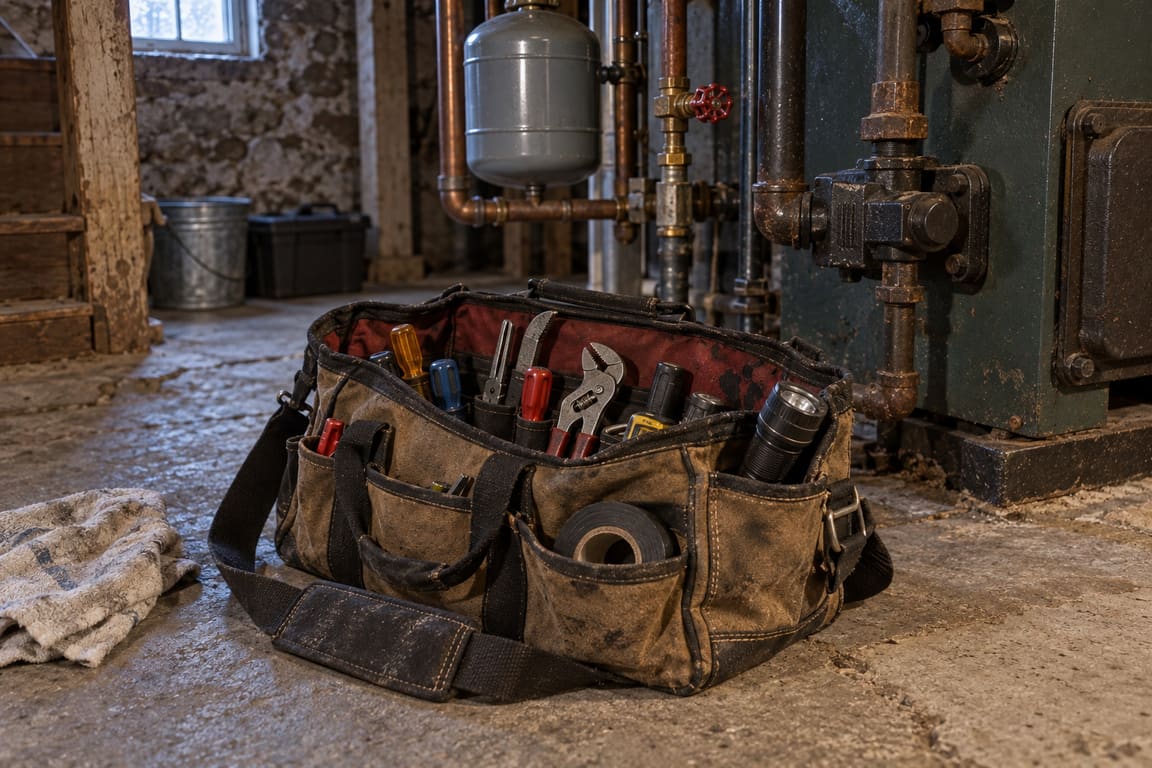 Open canvas tool bag on a basement floor beside an old boiler