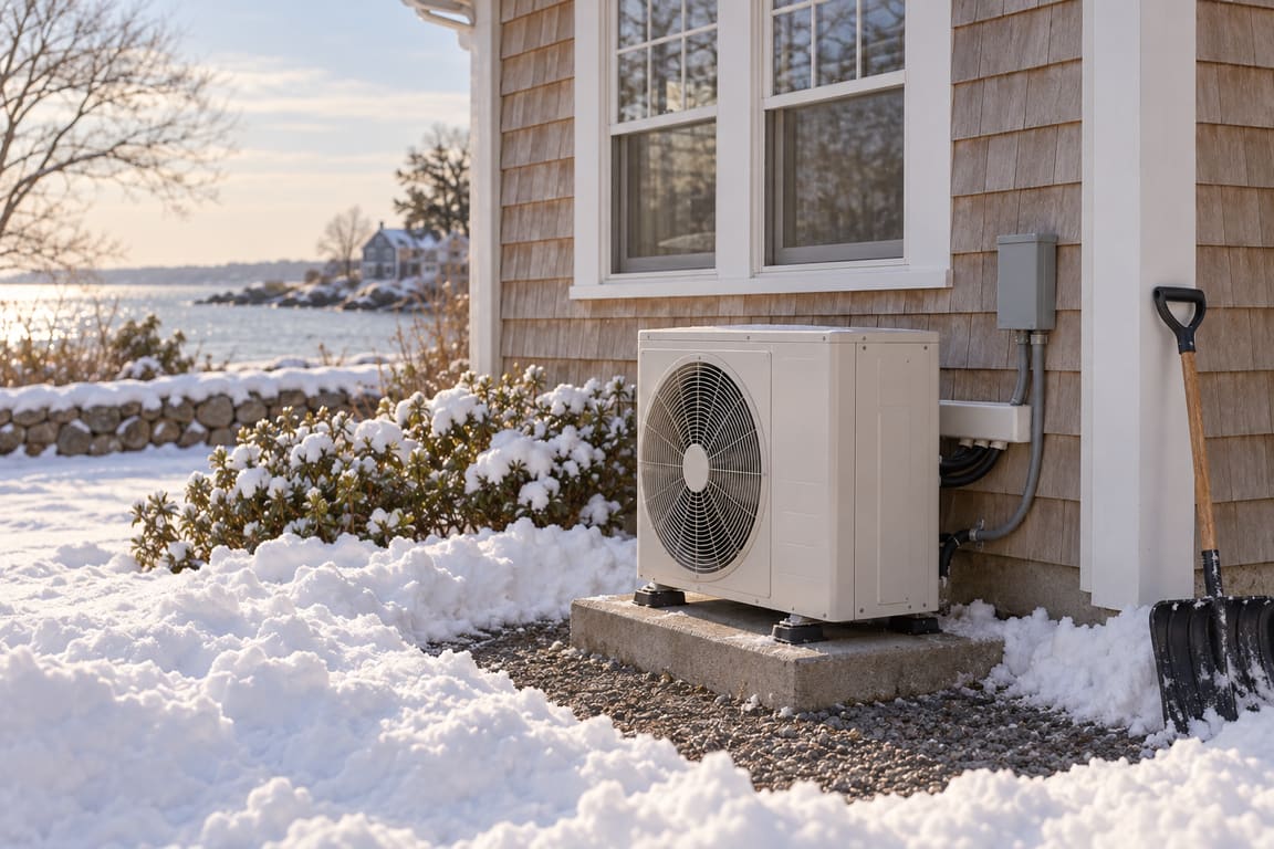 Heat pump outdoor unit on a pad cleared of snow beside a cedar-shingled wall