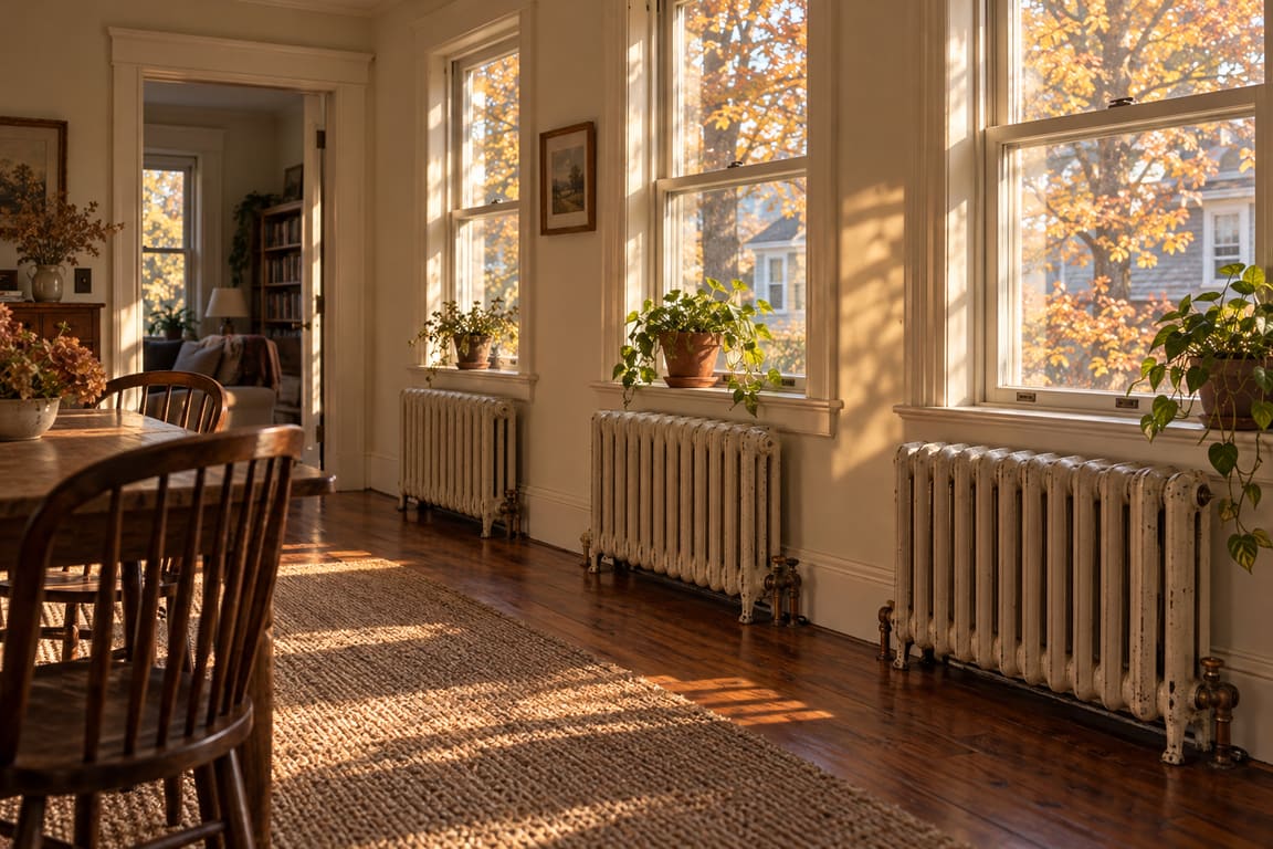 Cast-iron radiators under tall windows in an older home in fall light