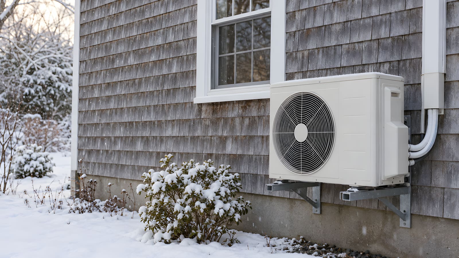 Wall-mounted heat pump on a shingled house in winter