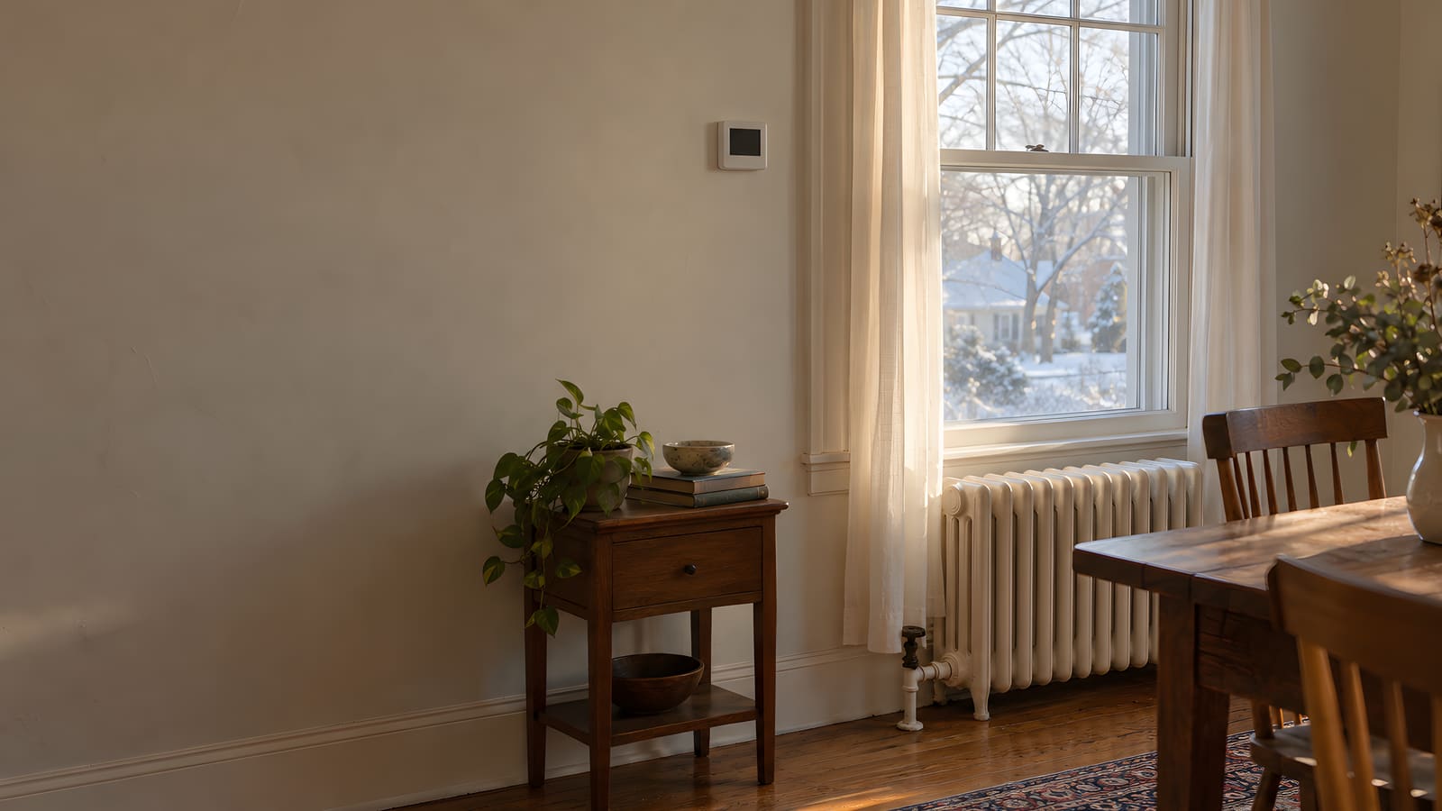 Cast-iron radiator under a window in a dining room