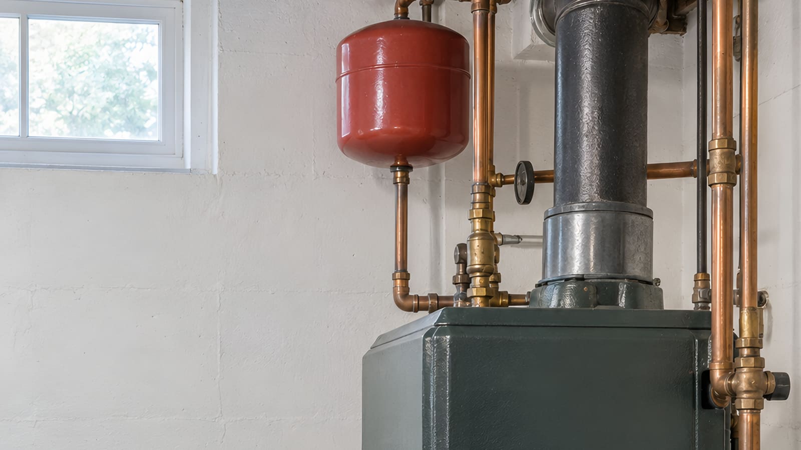Cast-iron boiler with copper pipes, an expansion tank and a flue