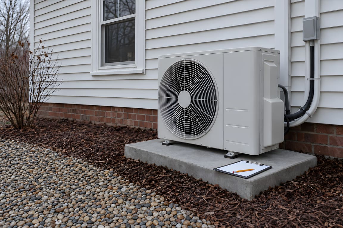 An outdoor heat pump on a concrete pad beside a white ranch house, with a clipboard on the pad