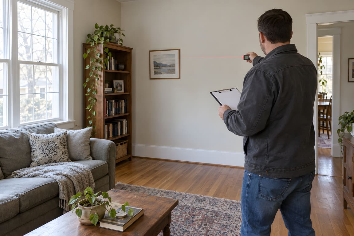 An installer measuring a living room with a laser measure and a clipboard