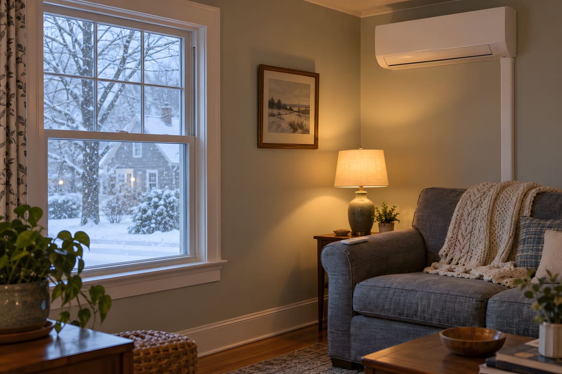 A wall-mounted mini-split head in a warm living room, with snow outside the window