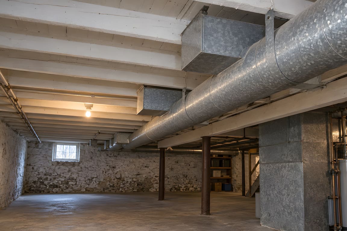 A round metal duct trunk with rectangular branches along a basement joist ceiling