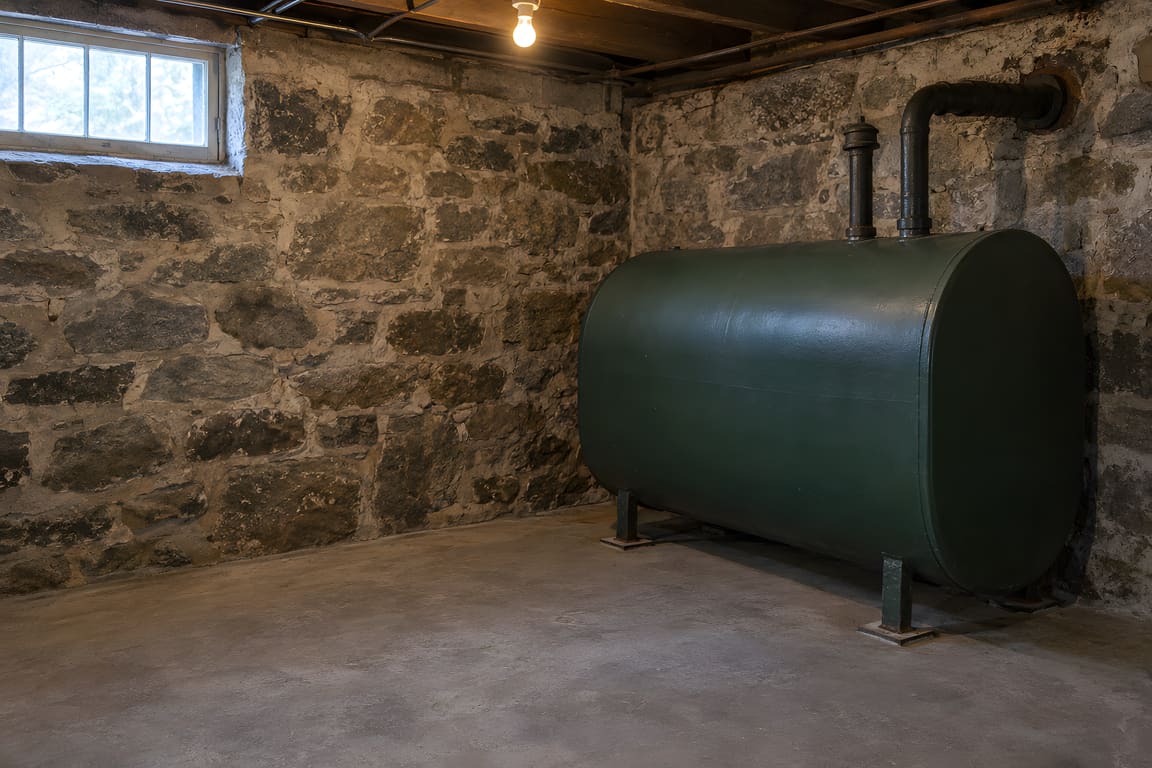 A green oil tank with its fill and vent pipes in the corner of a stone basement