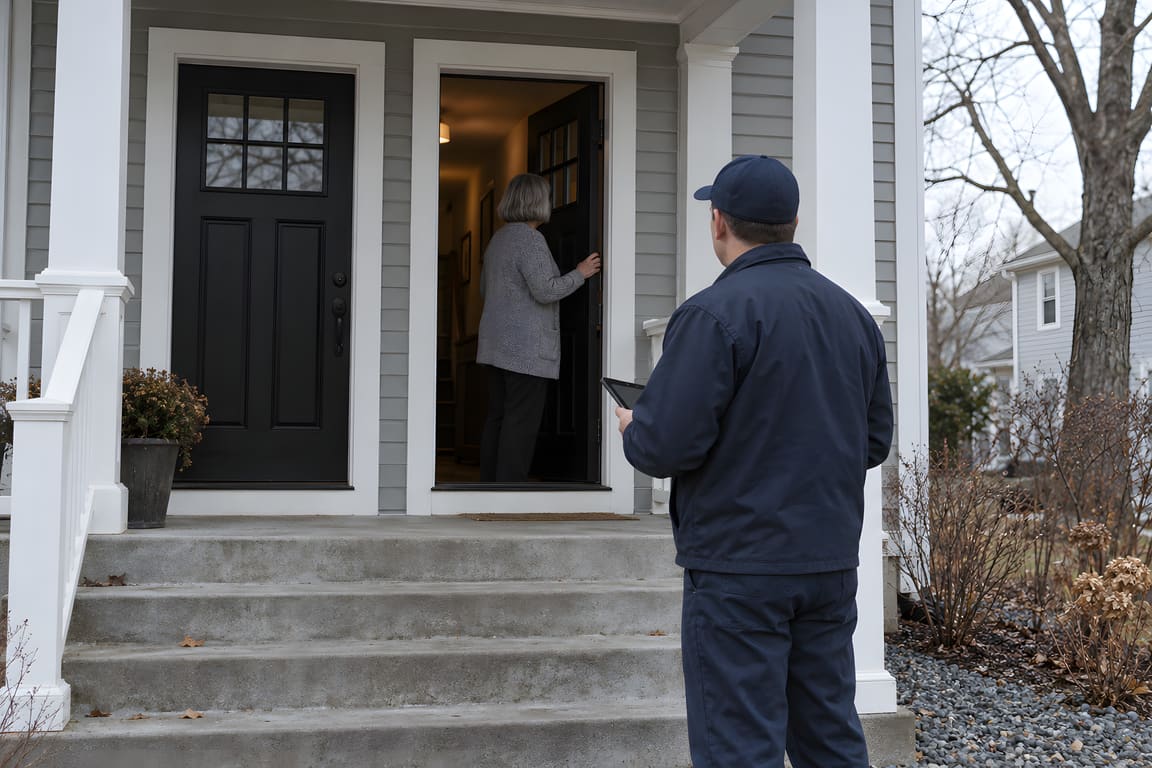 A technician with a tablet at the front door of a gray two-family house